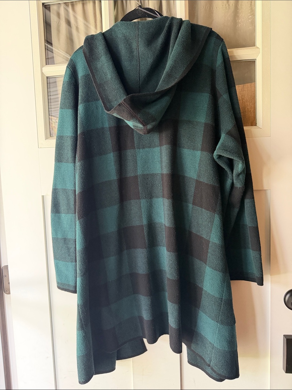 Adrienne Vittadini Teal and Black Hooded Plaid Cardigan